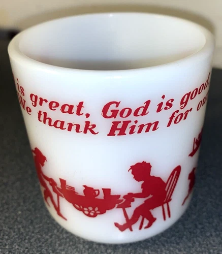 Vintage Hazel Atlas Child Mug "God Is Great..." White Milk Glass Red Text