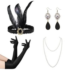 Women 1920s Flapper Set,Roaring 20s Headband Headpiece Costume Black-7