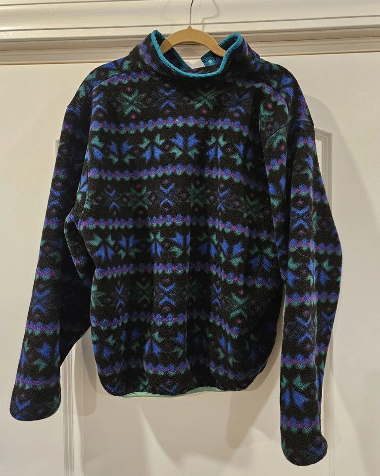 Pulôver de lã vintage anos 90 LL Bean Snap floco de neve azul royal aqua esqui asteca. M/L - Imagem 2 de 4