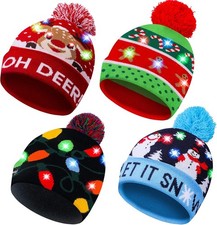 MGparty 4 Pack Christmas Hats Xmas LED Light Up Beanie Knit Hat Winter Snow...