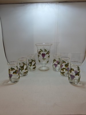 CRYSTAL CLEAR Hand Crafted Painted Grapes Leaves Tumbler Glasses W/ Pitcher Vase