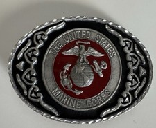 U.S. Marines Belt Buckle Pewter Red Enamel Vintage United States Marine Corps