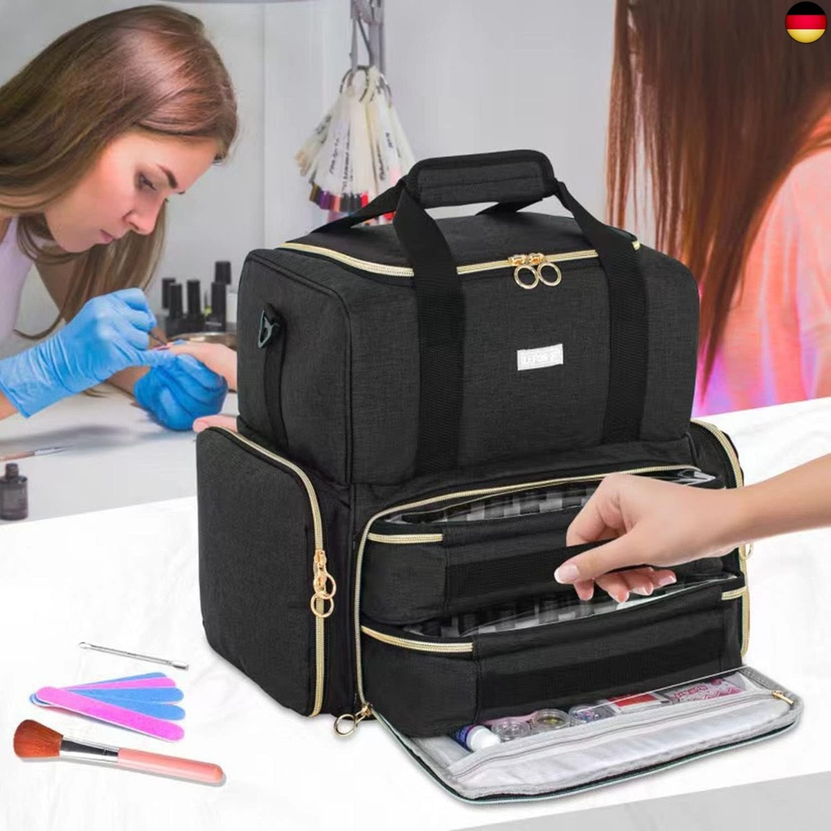 Nagellack-Tasche Für 30 Flaschen – Schwarz, Doppellagig Mit Extra Fach Für Nagellampe