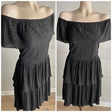 WHBM black & white polka Dot Off shoulder tiered formal cocktail party dress