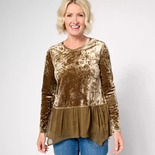 LOGO Lori Goldstein Women’s Crushed Velvet Top Size Large Chiffon Ruffle Hem