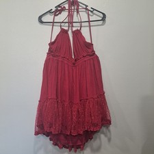 R.Vivimos LARGE Burgundy Boho Halter Mini Dress Polka Dot Mesh 009057018