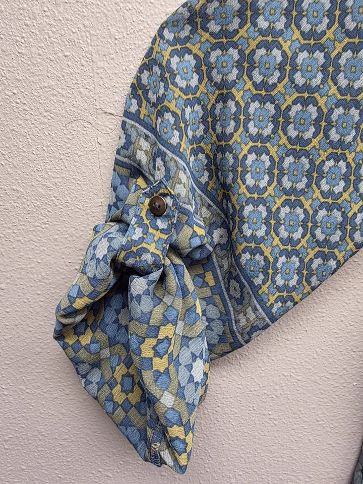 Camisa Miraclebody Mujer Grande Azul Amarillo Estampado Geométrico Pullover Forrado Top Foto 3 de 4