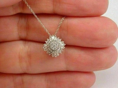 3Ct Round & Baguette Real Moissanite Cluster Pendant 14K White Gold Finish