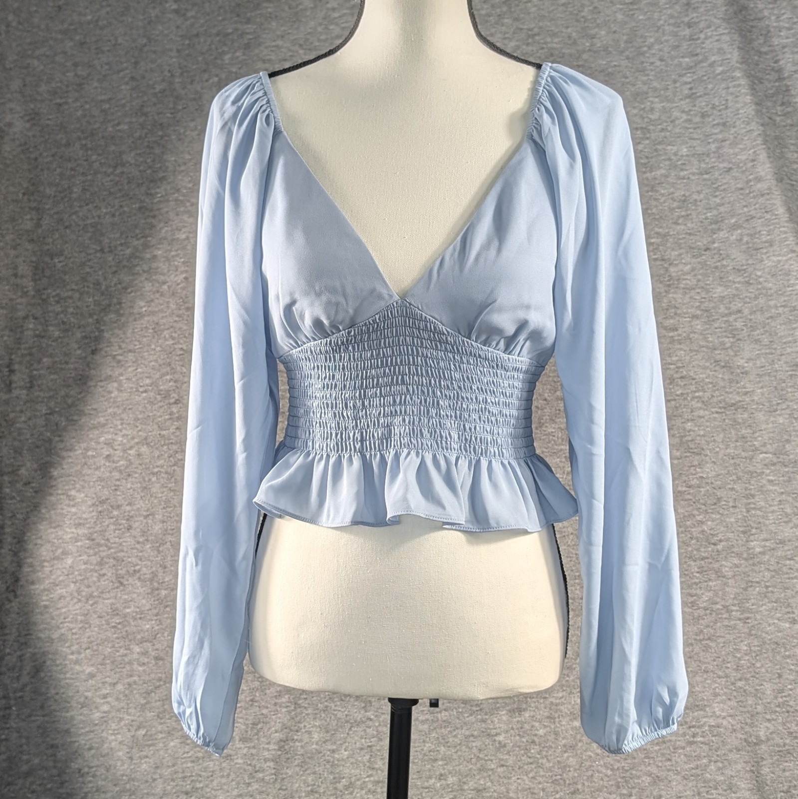 WAYF Babydoll Cropped Blouse - Womens Small Smocked Peasant Top with Balloon Sleeves