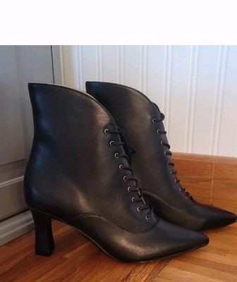 Nine West Callah Black Leather Heeled Granny Lace-up Bootie Victorian Goth 7 New