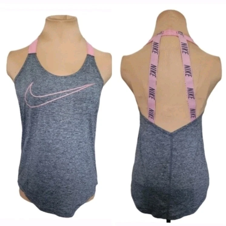 Nike Dri-Fit Gray Pink Logo Strap Open Back Training Tank Top XS