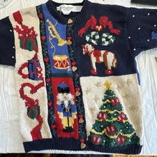 Vintage Eagles Eye Cardigan Sweater Women M Christmas Nut Cracker Embroidered