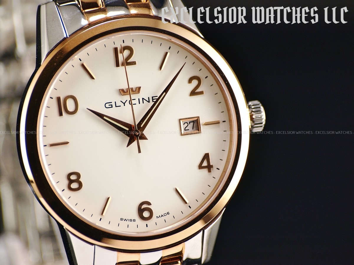 Rare New Glycine 40mm Swiss Made Quartz Two Tone White Dial 