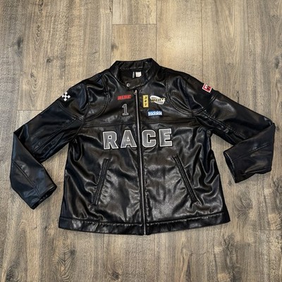 Divided H&M Men s Sz L Cafe Racer Faux Leather Jacket Zipup Black Motifs Biker