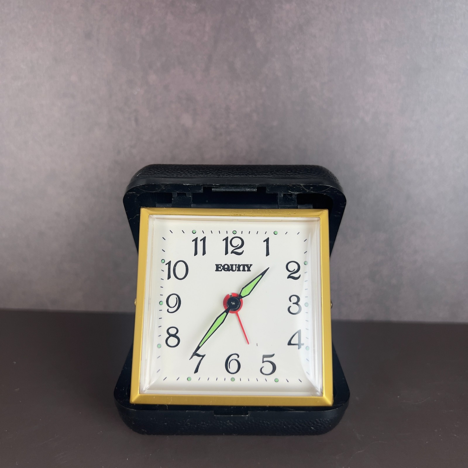 EQUITY Vintage Travel Alarm Wind Up Clock BLACK Flip Fold Case photo EQUITY Vintage Travel Alarm Wind Up Clock BLACK Flip Fold Case featured image