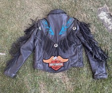 Vintage Harley Davidson Leather Tassel Jacket Blue Flames Size 44 1998 Patch