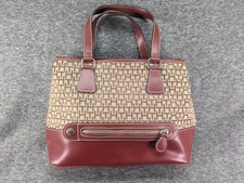 Tommy Hilfiger TH Monogram Satchel Handbag Shoulder Bag Red Tan Canvas Purse