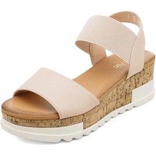 Dream Pairs Womens 8.5 Tan Elastic Ankle Strap Open Toe 2.5" Platform Sandals