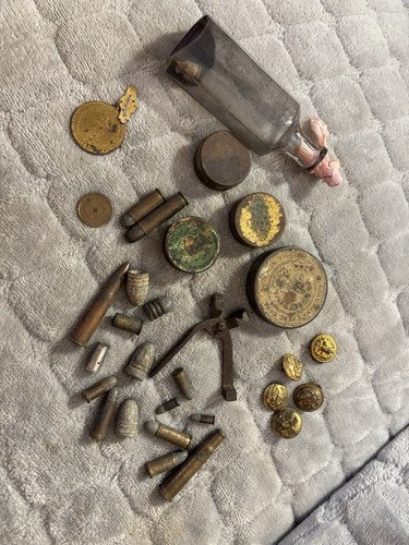 Civil War Estate Items Bottle Bullets Press Buttons Coin Musket Cap Tins Medal
