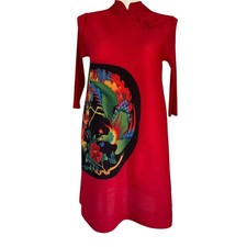 Red Pleated Cheongsam Dress Phoenix Bird Asian Style Mandarin Collar