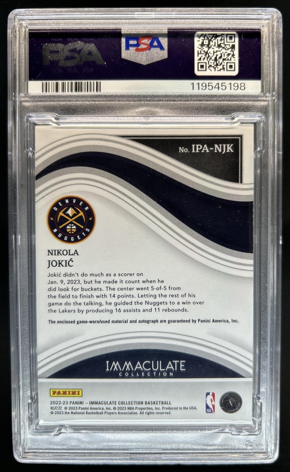 2022-23 Immaculate Nikola Jokic Patch Jersey Auto Autograph Number #/15 PSA 9 view 2