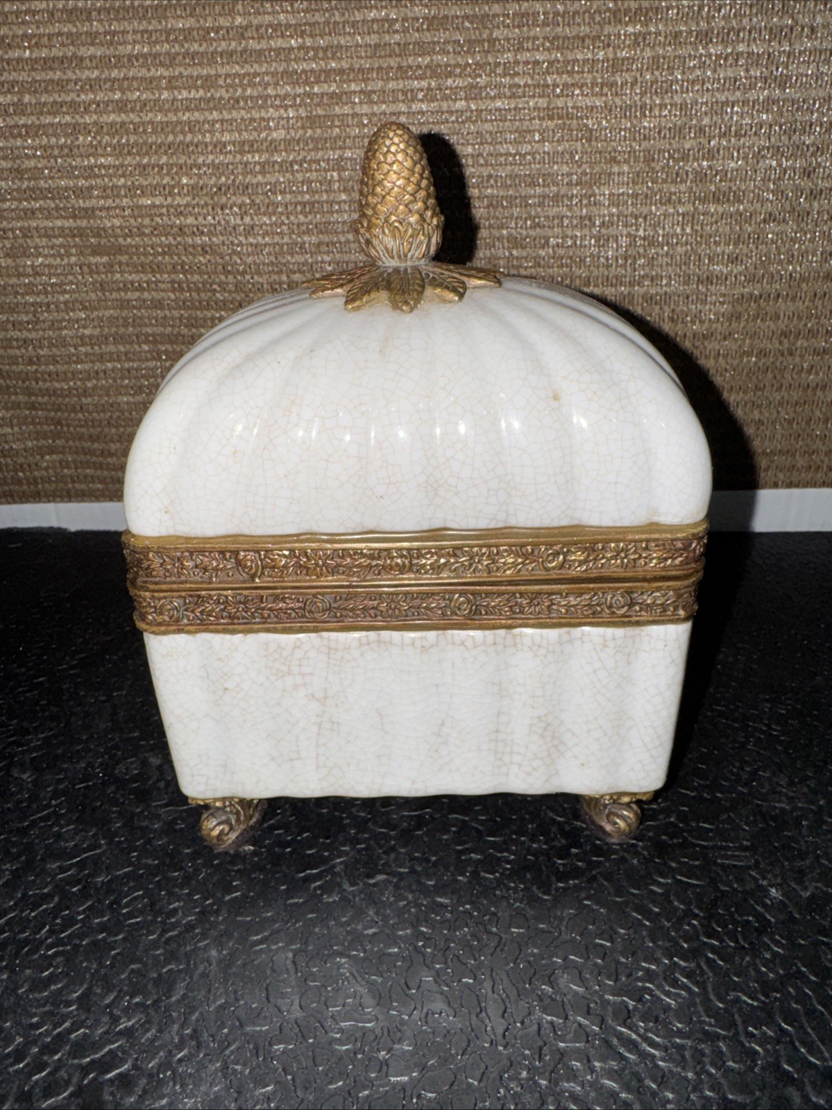 Lizbeth  Trinket Jewelry Box Glossy Porcelain Crackle Finish/Brass Touch Design