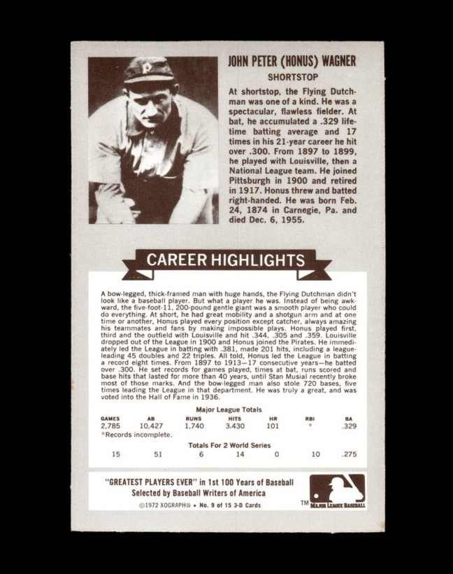 1972 Kellogg's ATG Set-Break #  9 Honus Wagner NM-MT OR BETTER *GMCARDS* view 2