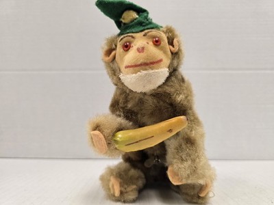 Vintage Wind-Up Plush Monkey Toy w/ Banana   Working   Early Mechanical Plush