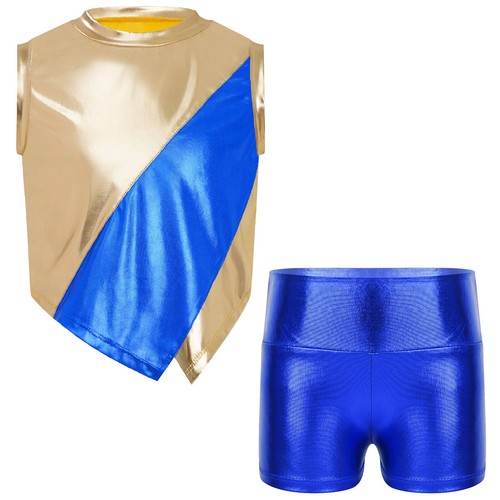 Kinder Mädchen Outfit Jazz Anzug Tops Set glänzend ärmellos Hip Hop Farbblock Bühne - Bild 21 von 61