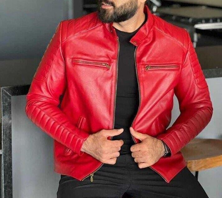 RED Genuine Lambskin Soft Leather Jacket Men's Handmade Stylish