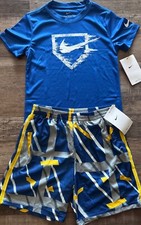 NWT Nike Little Boys 6 Blue/Gray/White/Yellow BASEBALL Diamond Shorts Set