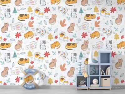 3D Cat Flower Watercolor Pattern Self-adhesive Removable Wallpaper Murals