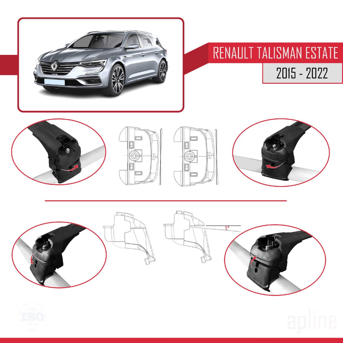 Accessorypart Compatible Avec Renault Talisman Break 2015-2022 ACE-2 Barres De Toit Railing Porte-Bagages De Voiture Noir Aluminium 2 Barres