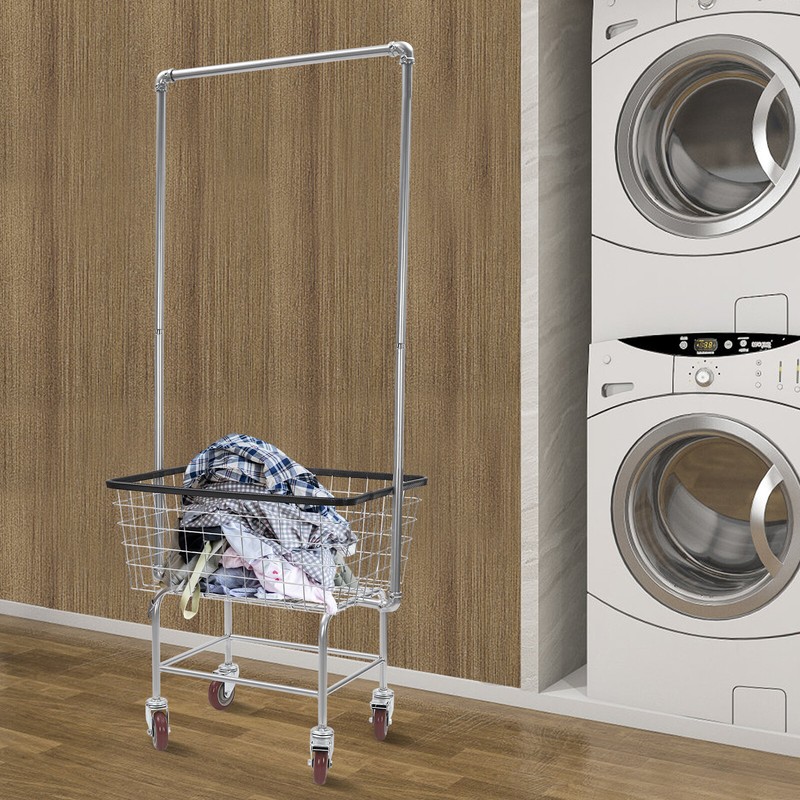 R-B Wire Products Inc Freight Saver 2.5 Bushel Chrome Plated Wire Laundry Cart with Double Pole Rack - Highly rated Buy It For Life recommendation