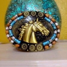 Western Horse head Belt Buckle Pewter Turquoise Beads Light Weight 4x3" Gold Tn