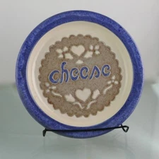 Vintage CCP ClayCity Pottery Rustic Stoneware Blue "CHEESE" Plate Hearts - Mint!