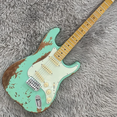 ST Electric Guitar Relic Green SSS Pickups Maple Fretboard Tremolo Bridge Guitar