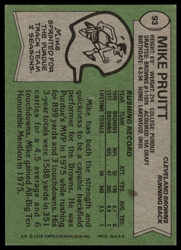 1978 Topps #93 Mike Pruitt Cleveland Browns - Picture 2 of 2