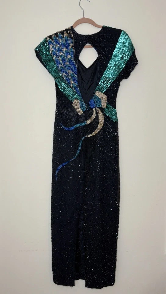 Vestido de seda vintage Alyce Designs negro, verde y azul cuentas/lentejuelas talla 2/4 Foto 2 de 4