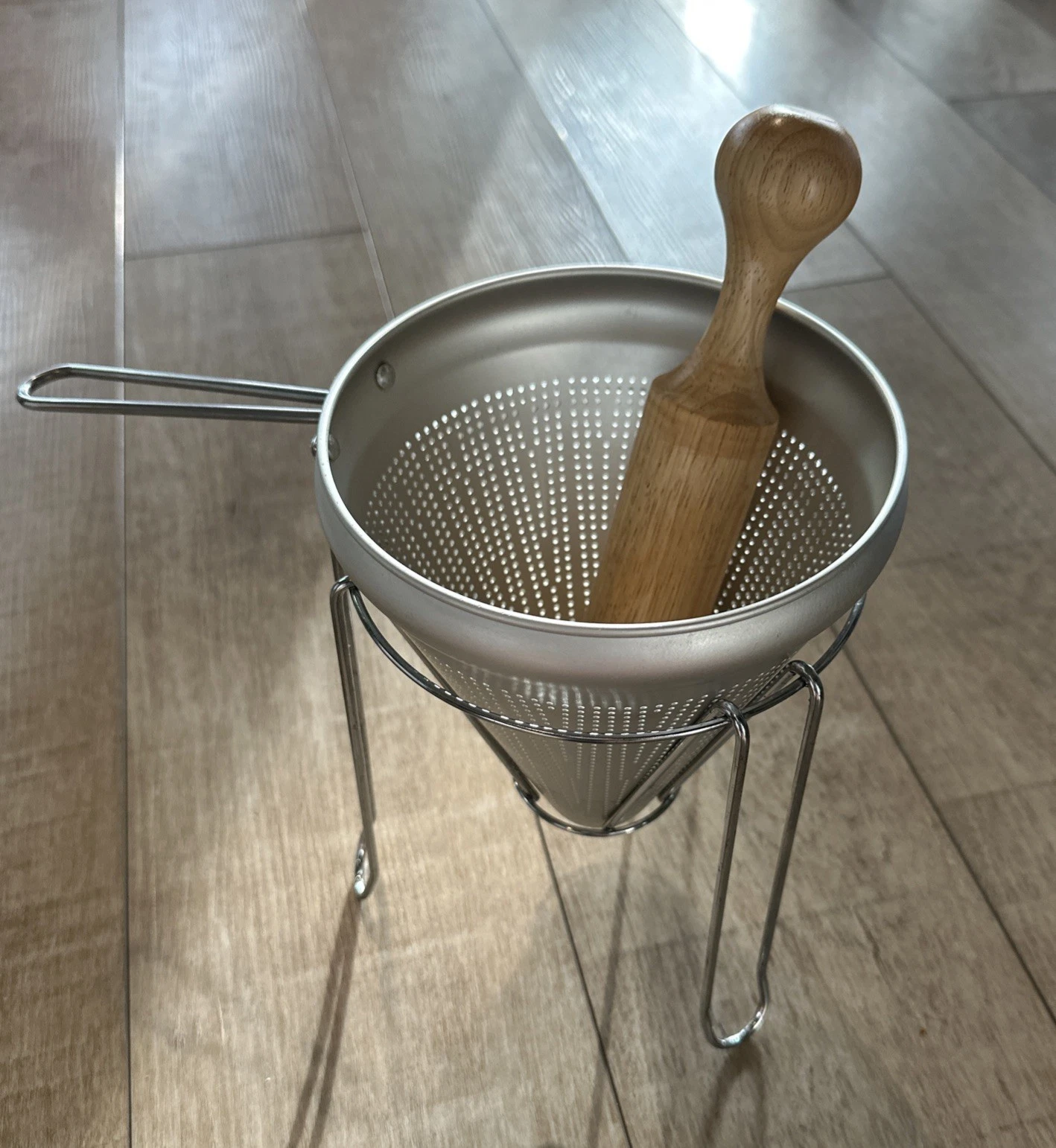 Vintage Aluminum Cone Sieve Colander Strainer with Wood Pestle and Stand
Opens in a new window or ta