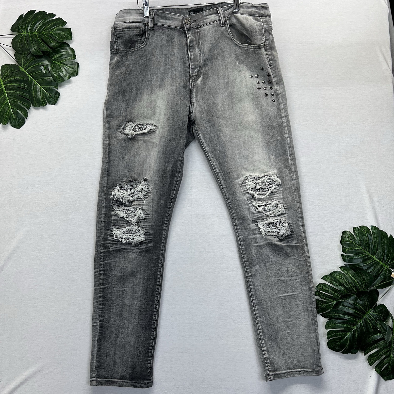 Waimea Jeans Mens Size 40X32 Faded Black Gray Skinny Fit Distressed Denim Skater
