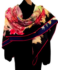 51"x51"Flower Animal Print 30 Silk 70 Cashmere Double-sided Thin Scarf 130x130cm