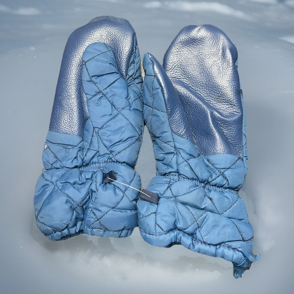 Vintage Blue Faux Leather Ski Mittens Quilted Winter Gloves Made in USA