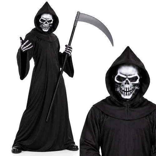 Grim Reaper Costume Set Hooded Robe Mask Gloves Scythe Halloween Fancy Dress