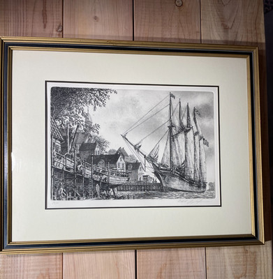 Allen J. Gaines 1976 Etching  William L. White  Schooner Shipyard Signed Art