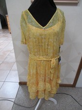 SIMPLY VERA-YELLOW/MULTI-FLORAL-ROUND NECK-RUFFLE-CHIFFON DRESS-SIZE-L-NEW-$58