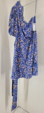 Nine West Womens Large Blue Abstract Print One Shoulder Sleeve Belted Dress NWT