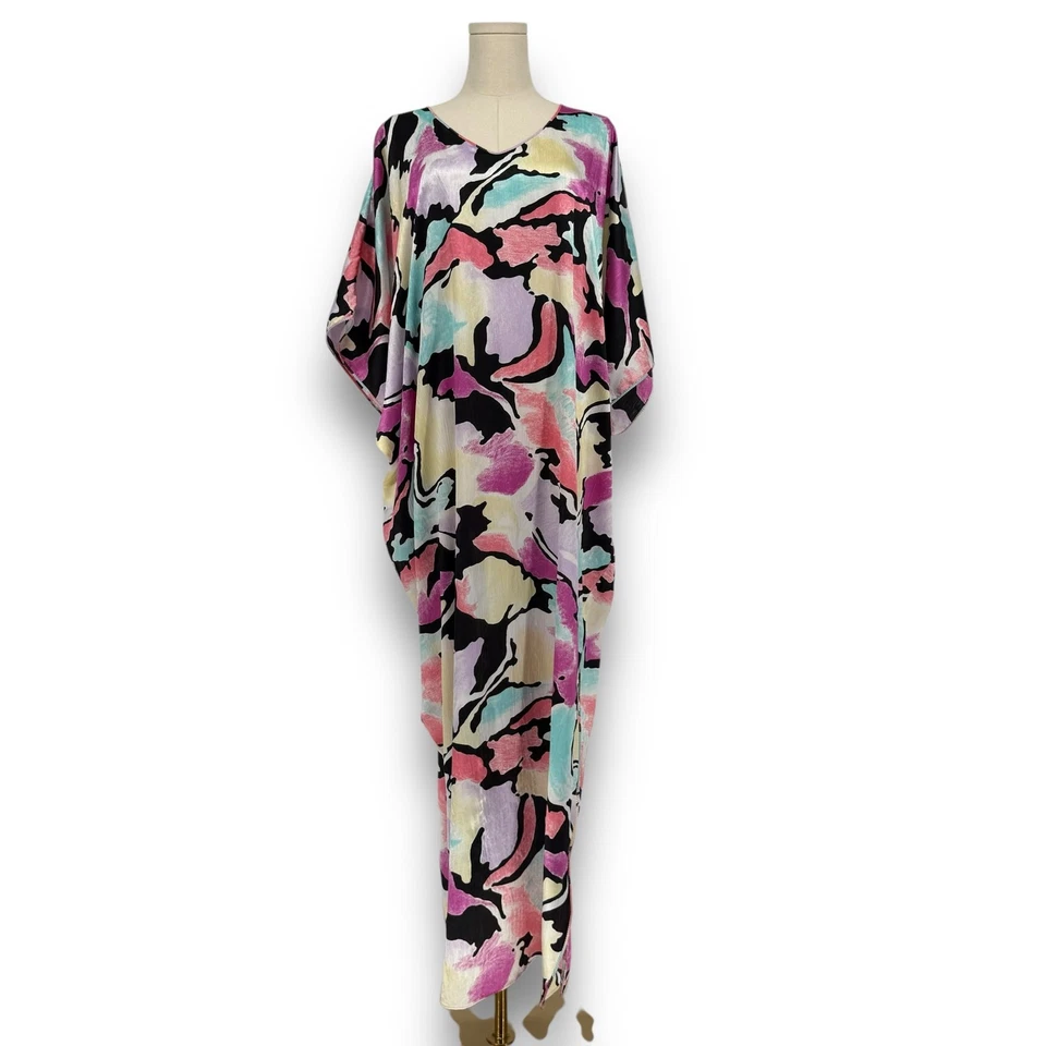 Maxi Vestido Caftán Manga Kimono Abstracto Neón Negro Mary McFadden Años 80 De Colección Foto 2 de 4