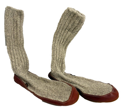 ACORN Wool Blend Slipper Socks Oatmeal & Brown Leather Sole Mens sz. 10.5 - 11.5