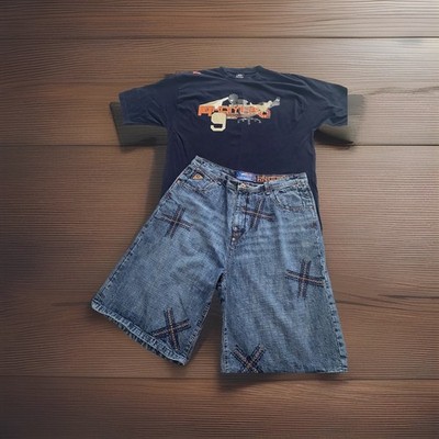 2pc VTG Y2K Akademiks Baggy Jean jorts Hip Hop Denim Shorts 40 Men’s  T-shirt XXL